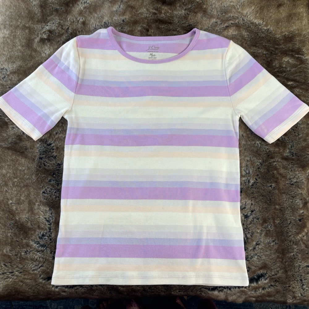J. Crew Lavender and Cream Striped Short Sleeve Top - Size M